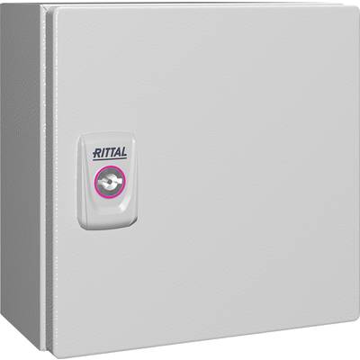 Ein grauer Schaltschrank mit einem Rittal-Logo auf dem Schloss zeigt eine verschließbare Tür zum Schutz elektrischer Komponenten.