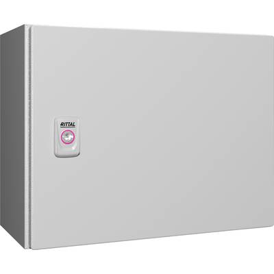 Grauer Schaltschrank mit weißer Oberfläche, auf der Vorderseite ein Schloss mit der Aufschrift 'Rittal'.