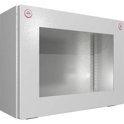 Weiße Metallbox mit Glastür, die teilweise transparent ist. Oben in den Ecken befinden sich zwei Metallschlösser.