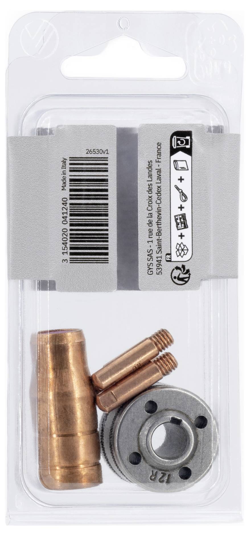 Blisterverpackung mit Kupfer- und Metallschweißteilen: eine Kupferdüse, zwei kleine Kupferstifte und ein grauer Gewinde-Ring mit Etikettentext.