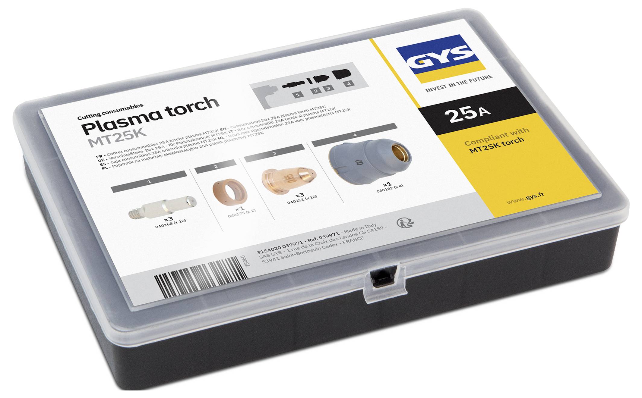 Kunststoffaufbewahrungskoffer mit der Aufschrift "Plasma torch MT25K" von GYS, gekennzeichnet mit 25A, mit Darstellung der Fackelteile auf der Verpackung.