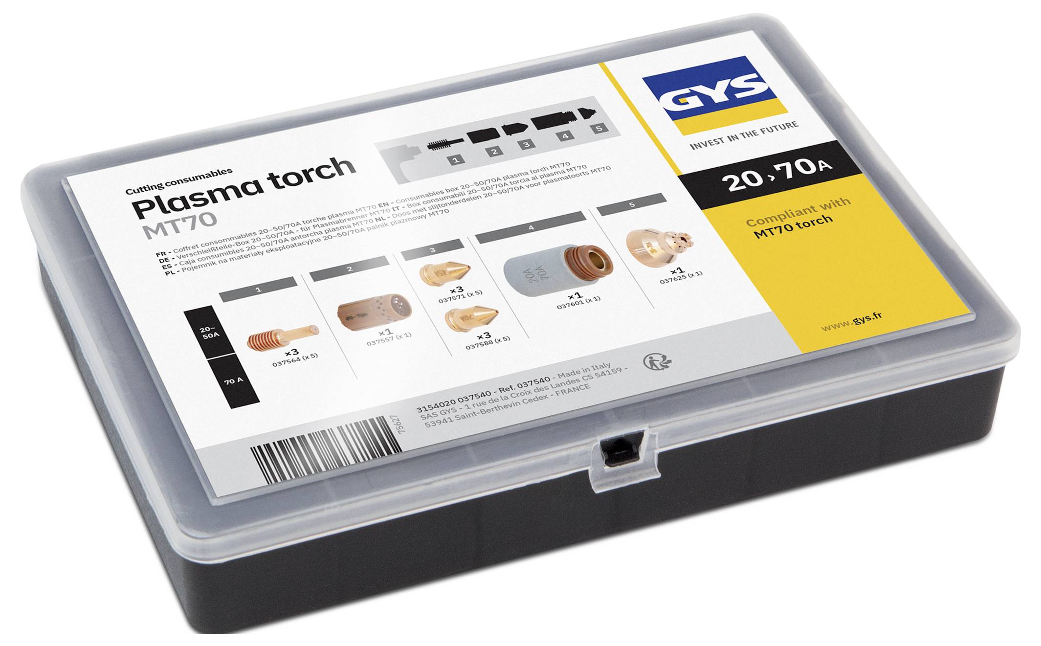 Kunststoffkoffer mit GYS-Verschleißteilsatz für das Plasmabrennschneidgerät "Plasma torch MT70", gekennzeichnet mit "20.70A" und "Kompatibel mit MT70-Brenner"