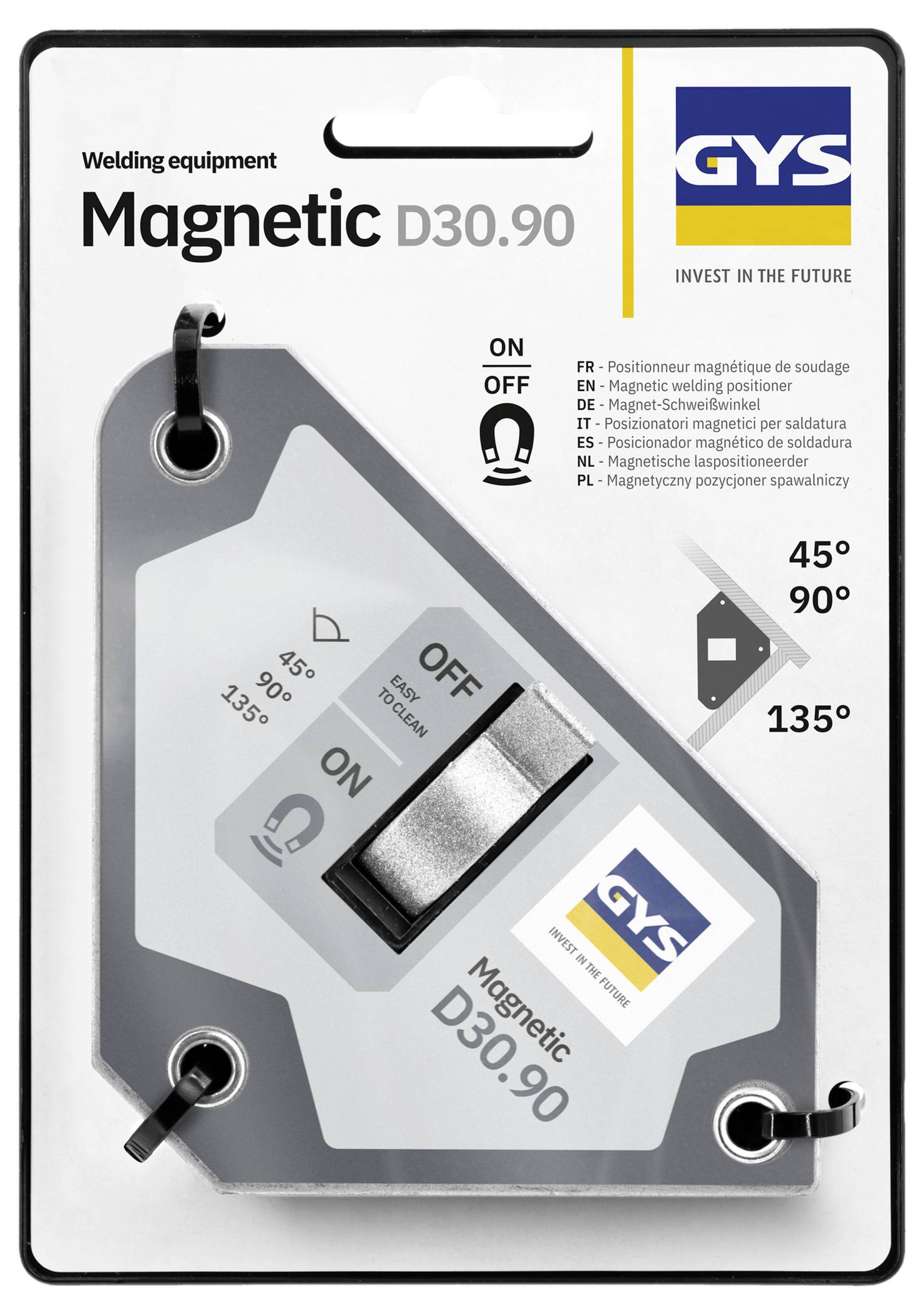 Produktverpackung für GYS Magnetic D30.90 Schweißausrüstung mit ein-/ausschaltbarem Magnetpositionierer mit Winkeleinstellungen von 45°, 90° und 135°.