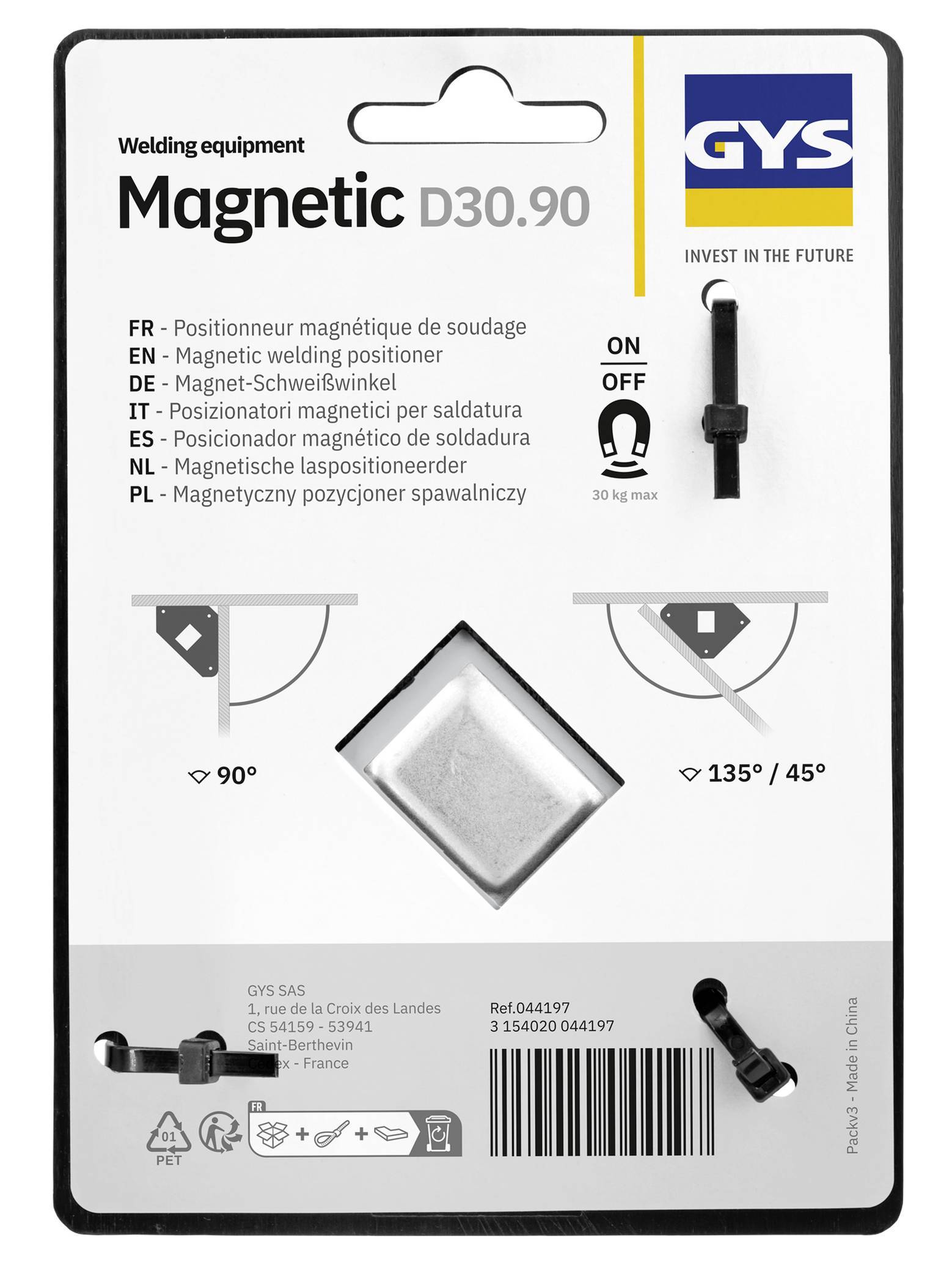 Verpackung für GYS Magnetischer D30.90 Schweißgerät, das einen magnetischen Winkelhalter mit Ein-/Ausschalter und maximaler Last von 30 kg sowie Einstellungen für 90° und 135°/45° zeigt.