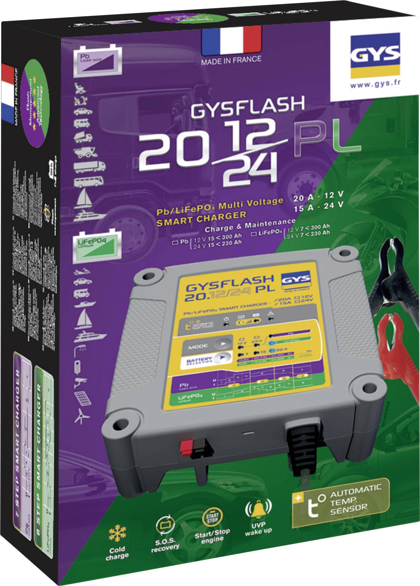 'GYSFLASH 20.12 PL' Ladegerät-Verpackung. Enthält Informationen über Spannung, Kompatibilität und Funktionen. Hergestellt in Frankreich.