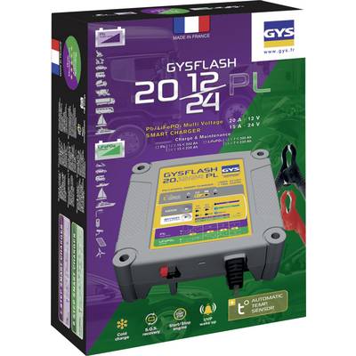 'GYSFLASH 20.12 PL' Ladegerät-Verpackung. Enthält Informationen über Spannung, Kompatibilität und Funktionen. Hergestellt in Frankreich.