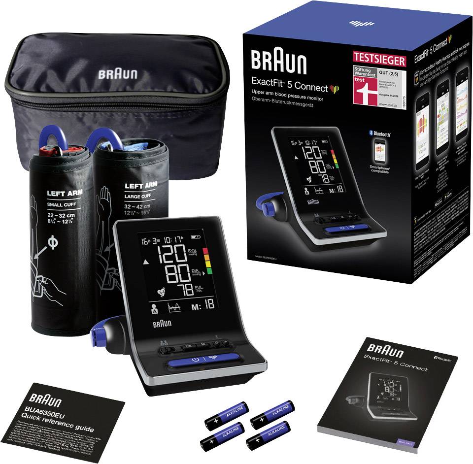 Blutdruckmessgerät-Set mit digitalem Display und Zubehör, inklusive Manschetten, Batterien und Bedienungsanleitung, verpackt in einer Box.