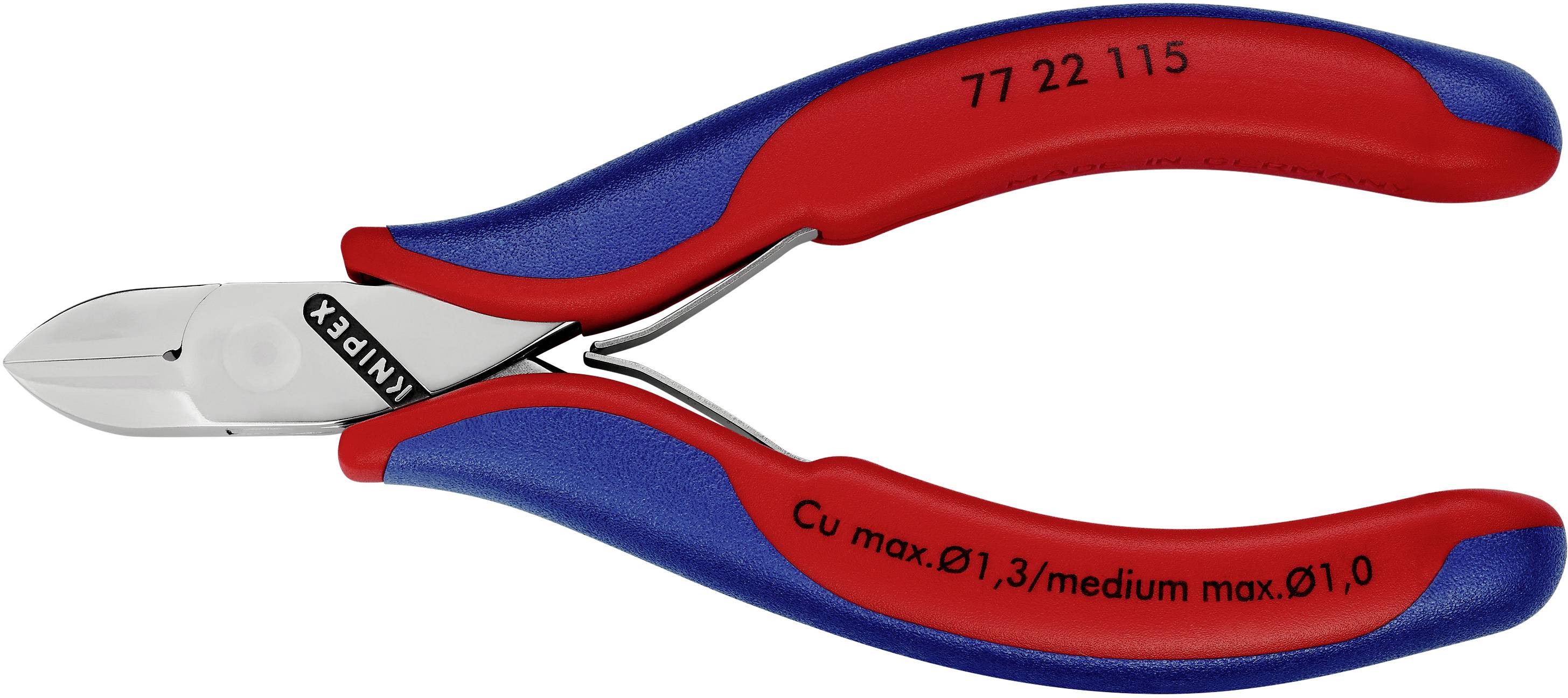 Rote und blaue Kombizange mit der Aufschrift 'Knipex' und technische Spezifikationen auf den Griffen.