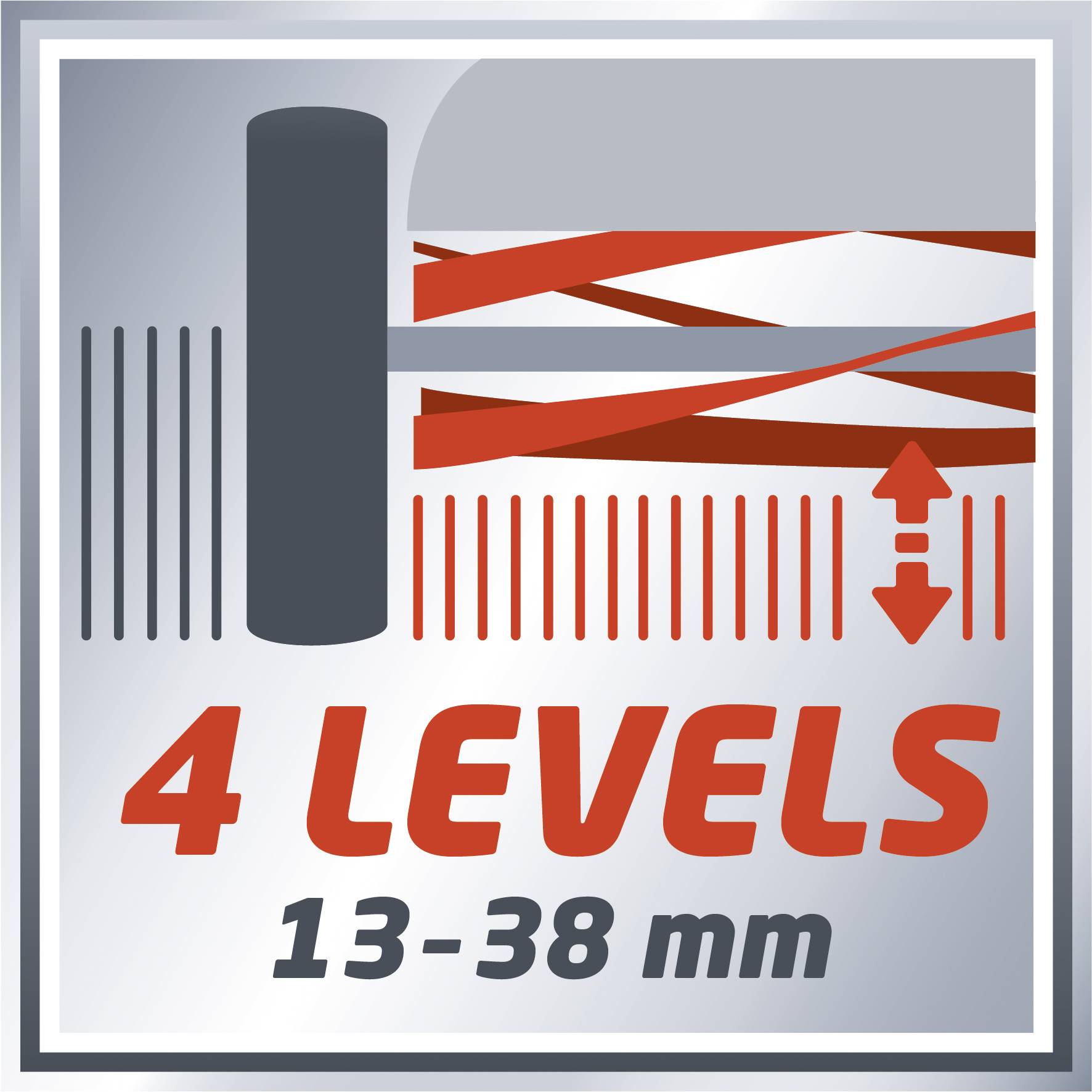 '4 Levels 13-38 mm' steht in roter Schrift auf silbernem Hintergrund. Zeigt grafisch einen Balken und Pfeile, die Höhenverstellung andeuten.