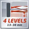 '4 Levels 13-38 mm' steht in roter Schrift auf silbernem Hintergrund. Zeigt grafisch einen Balken und Pfeile, die Höhenverstellung andeuten.