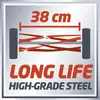 '38 cm LONG LIFE HIGH-GRADE STEEL' in roter Schrift auf silbernem Hintergrund. Darstellung von robustem Stahldesign.