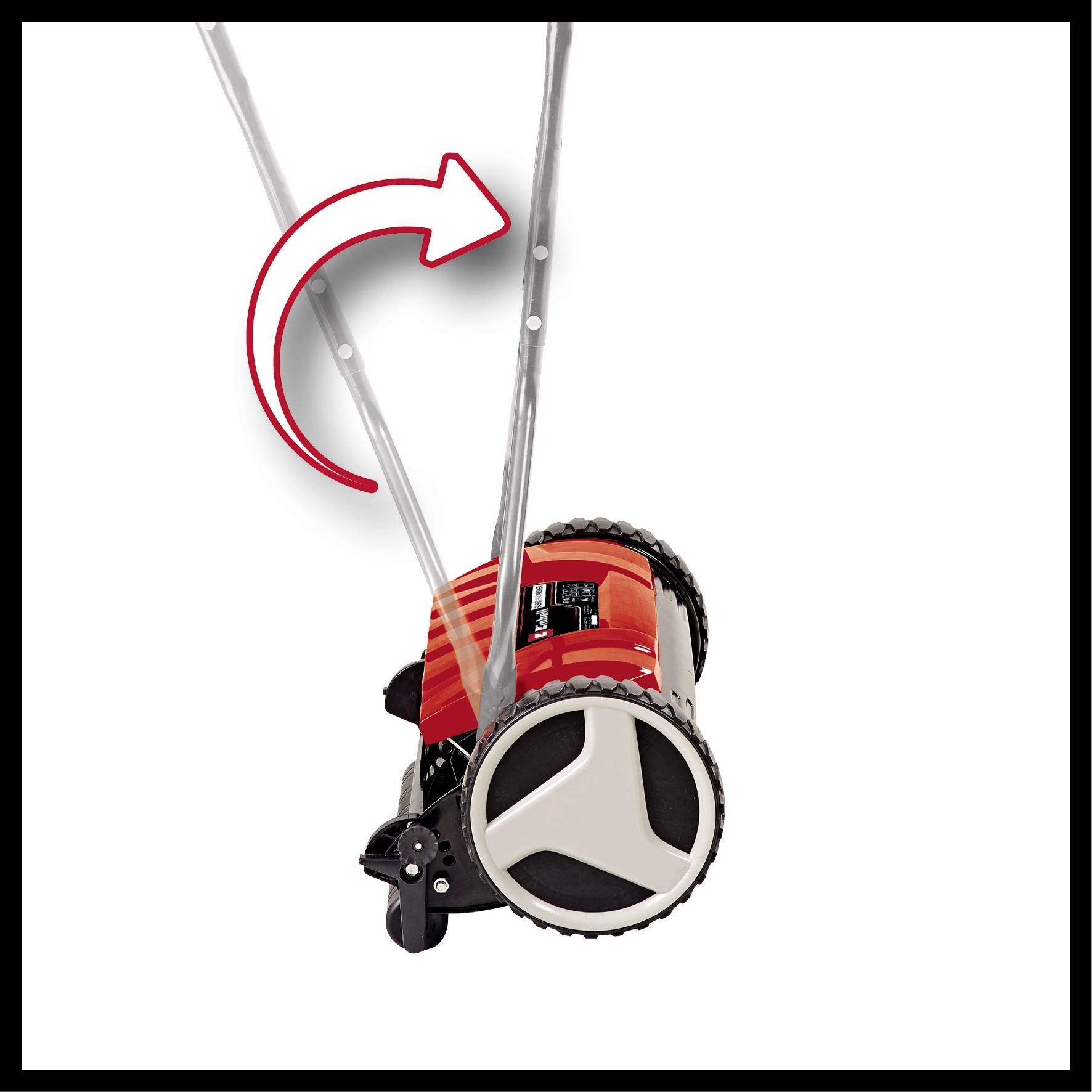 Roter Handrasenmäher mit zwei großen Rädern; Pfeil zeigt Richtung des Schiebegriffs an, um die Handhabung zu veranschaulichen.