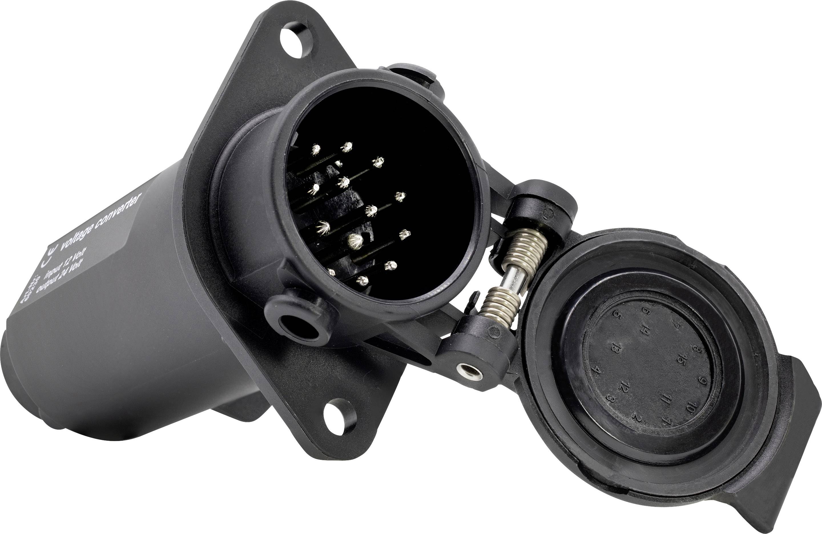 '7-poliger Stecker für Anhänger, geöffnet. Zeigt Metallkontakte zum Anschluss von elektrischen Systemen zwischen Fahrzeug und Anhänger.'