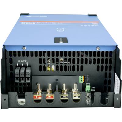 Ein blauer Wechselrichter mit mehreren Anschlüssen auf der Rückseite, darunter AC-Ausgänge und Batterieklemmen, für Energieumwandlung.