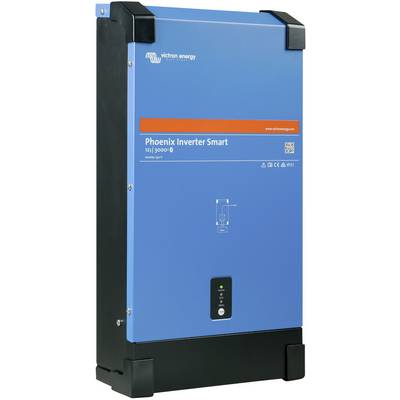 Blauer Phoenix Inverter Smart von Victron Energy, Modell 12/3000/120-50. Zeigt eine Kontrollleuchte und Anschlussdiagramm auf der Vorderseite.