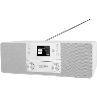 Weißes DAB+ Radio mit kleinem Display in der Mitte, zeigt 'TechniSat Radio' an. Zwei Drehknöpfe unten, Teleskopantenne oben.