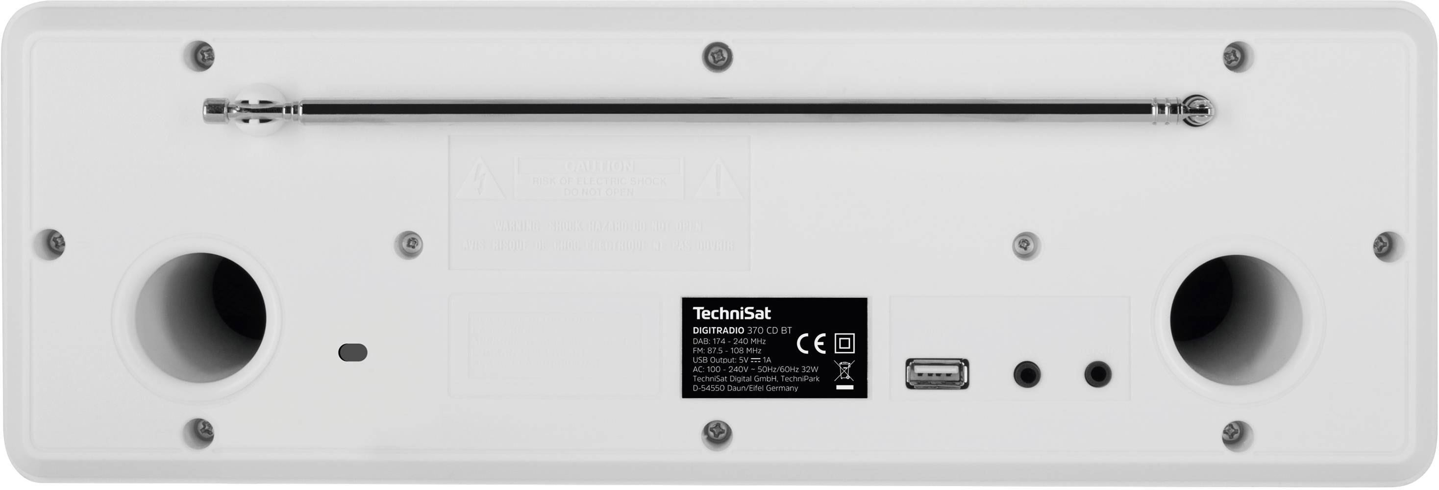 Rückansicht eines TechniSat-Geräts mit Öffnungen für Lautsprecher, USB-Anschluss und Antennenausgang. Modellinformationen sind sichtbar.