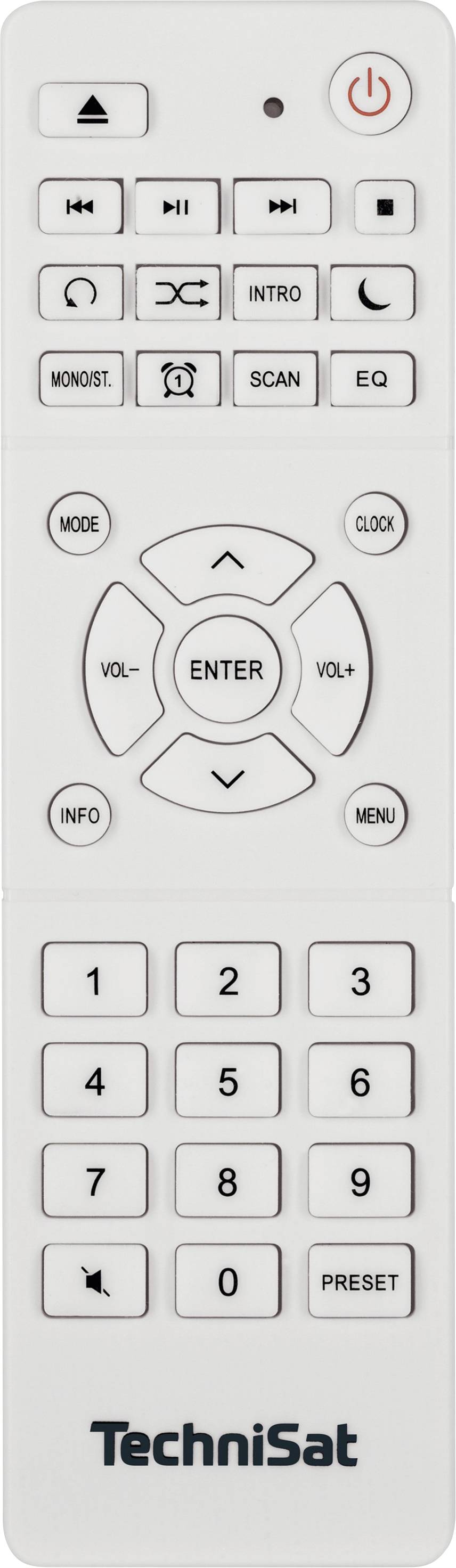 Fernbedienung der Marke TechniSat mit Tasten für Ein/Aus, Lautstärke, Kanalsteuerung und Menü.