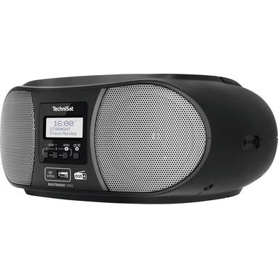 Ein schwarzes Digitalradio mit Lautsprechern, USB-Anschluss und Display, das '16:00' und 'Shawn Mendes' anzeigt.
