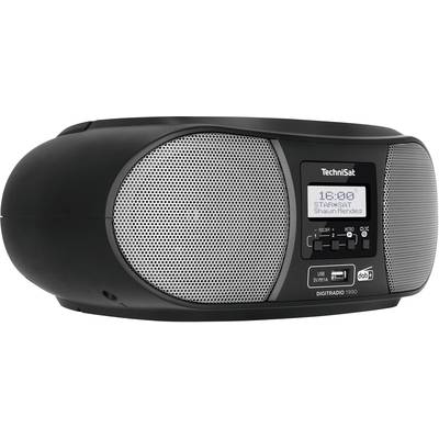 Ein tragbares digitales Radio in Schwarz zeigt auf dem Display die Uhrzeit 16:00 und spielt das Lied 'Stitches' von Shawn Mendes.