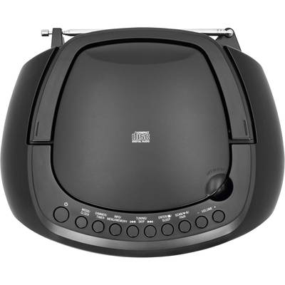 Schwarzer tragbarer CD-Player mit Radio und elektronischen Bedienelementen auf der Vorderseite, inklusive Lautstärkeregler.