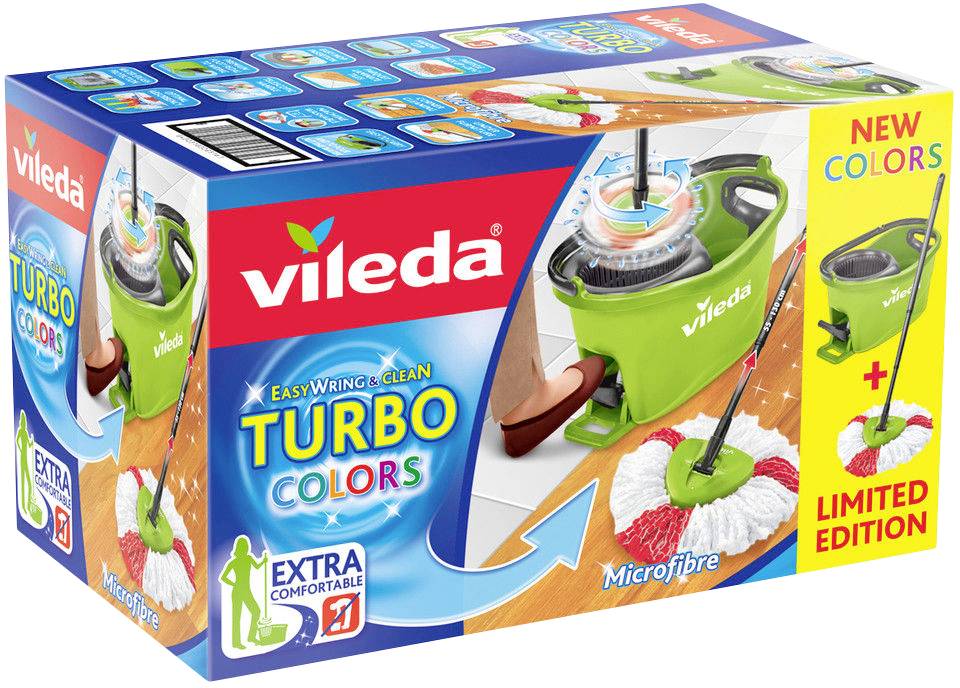 Abgebildet ist die Verpackung des Vileda EasyWring & Clean Turbo Colors Bodenwischers, Limited Edition, mit Abbildung des Wischers und Zubehörs.