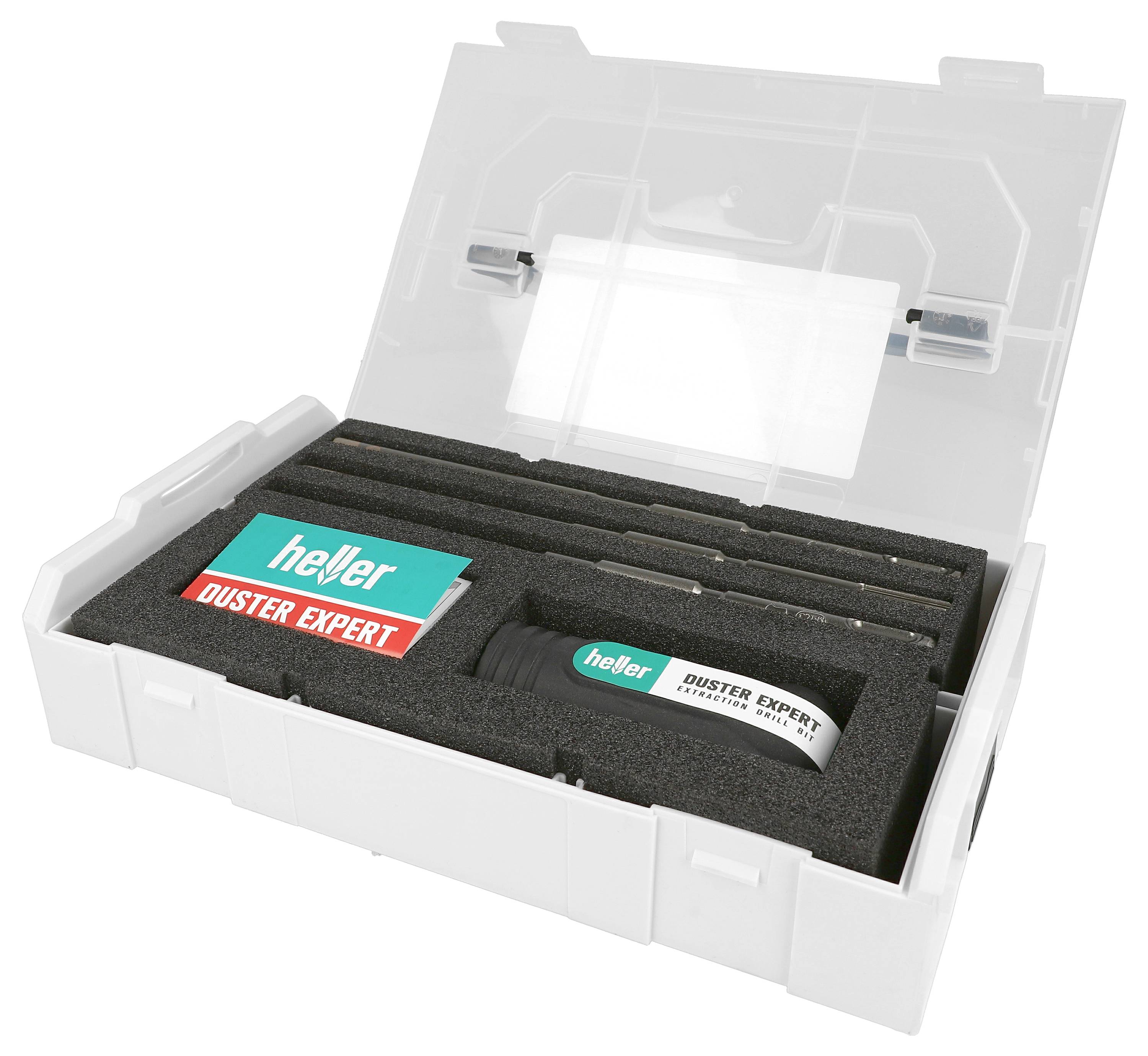 Blaugrüner und blauer Heller-Bohrerkastenkoffer mit der Aufschrift „HSS-Co Cobalt Twist Drills" und einem Produktinformationsetikett auf der Vorderseite.