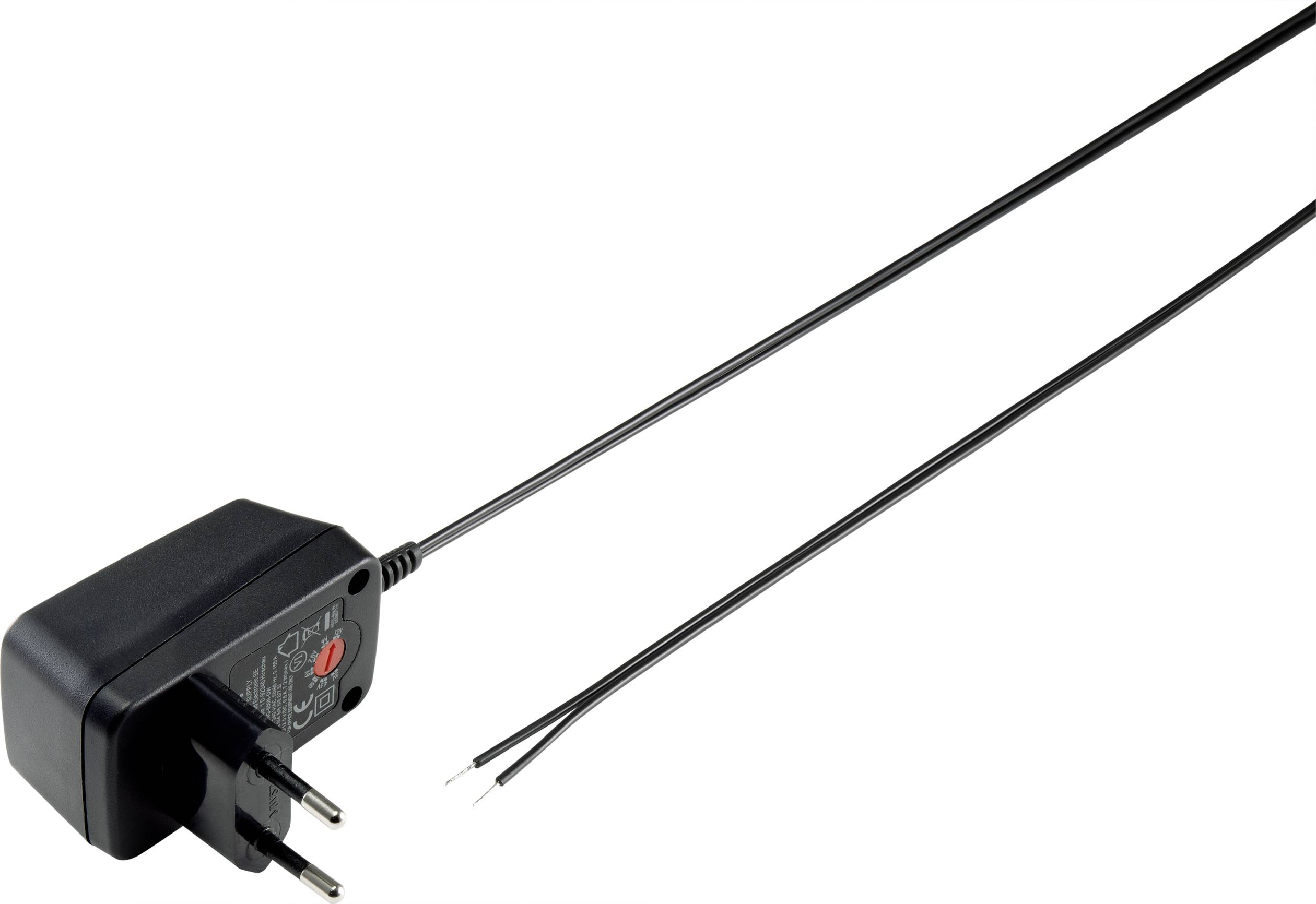 Ein schwarzes Netzteil mit europäischen Stecker, verbunden mit zwei langen schwarzen Kabeln, deren Enden offen sind.