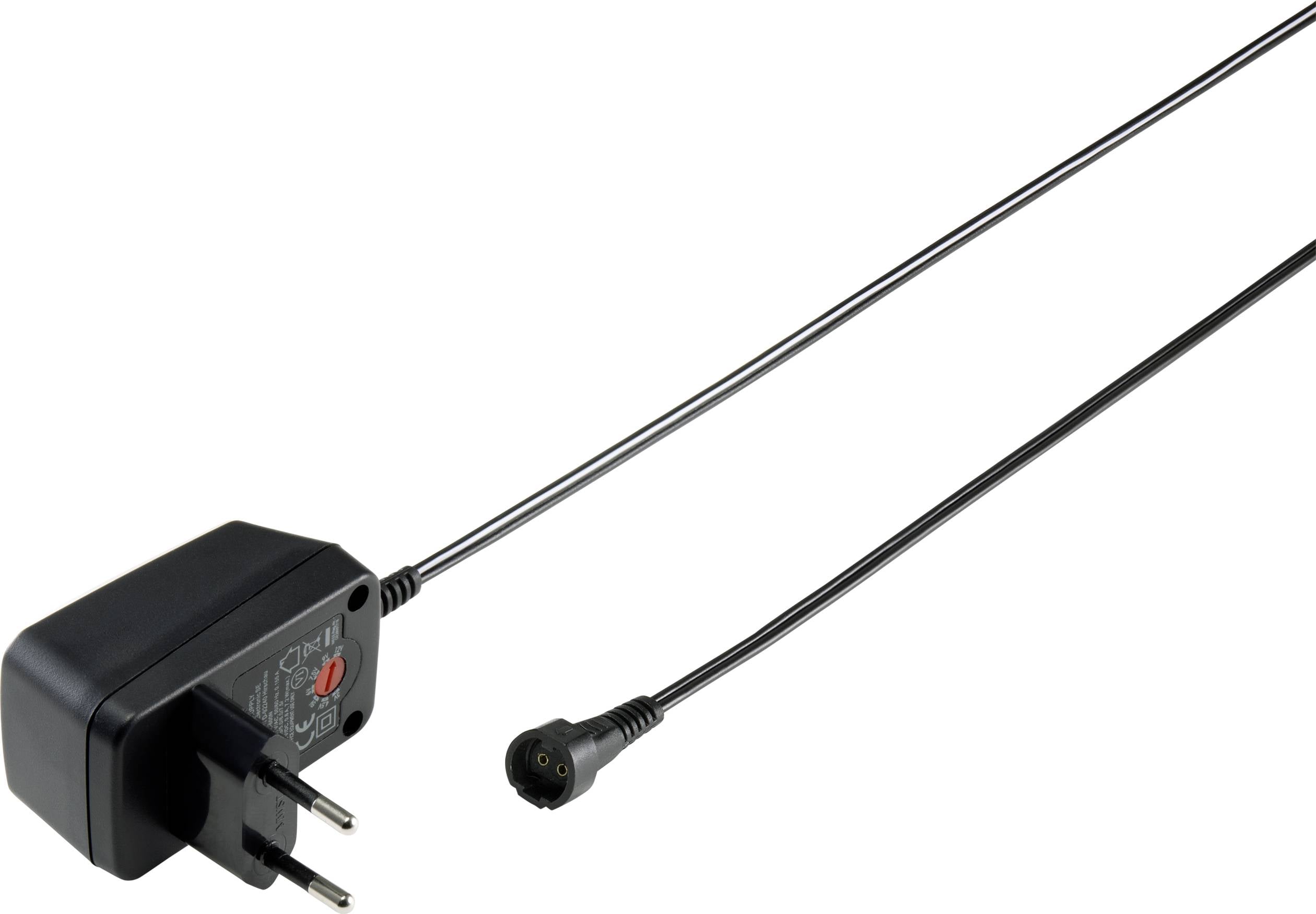 Schwarzes Netzteil mit Eurostecker und langem Kabel, Endstück mit Rundstecker, geeignet zum Aufladen elektronischer Geräte.