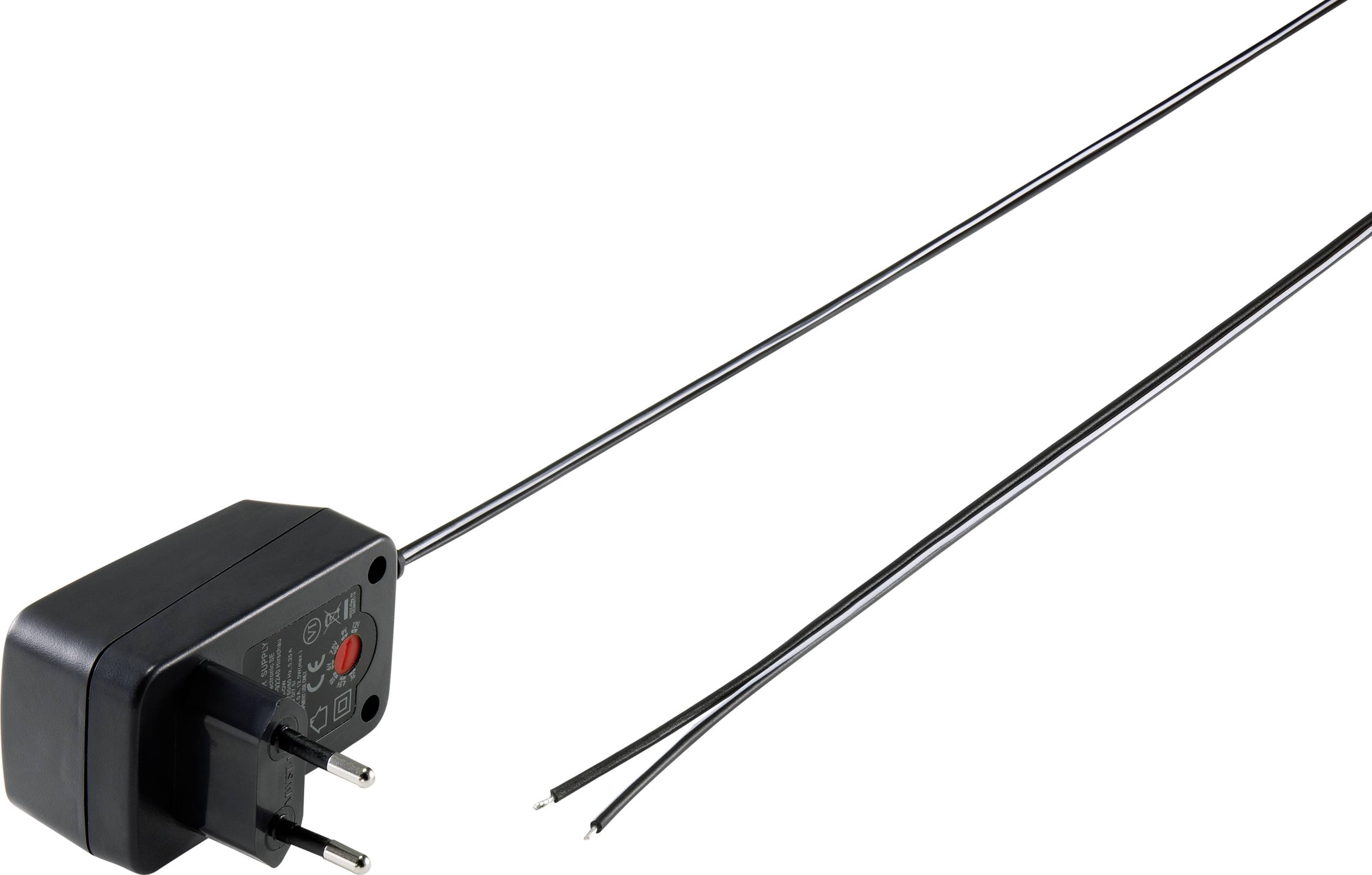 Schwarzes Steckernetzteil mit europäischem Stecker und zwei langen, schwarzen Kabeln ohne Anschlussstecker.
