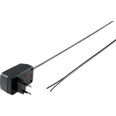 Schwarzes Steckernetzteil mit europäischem Stecker und zwei langen, schwarzen Kabeln ohne Anschlussstecker.