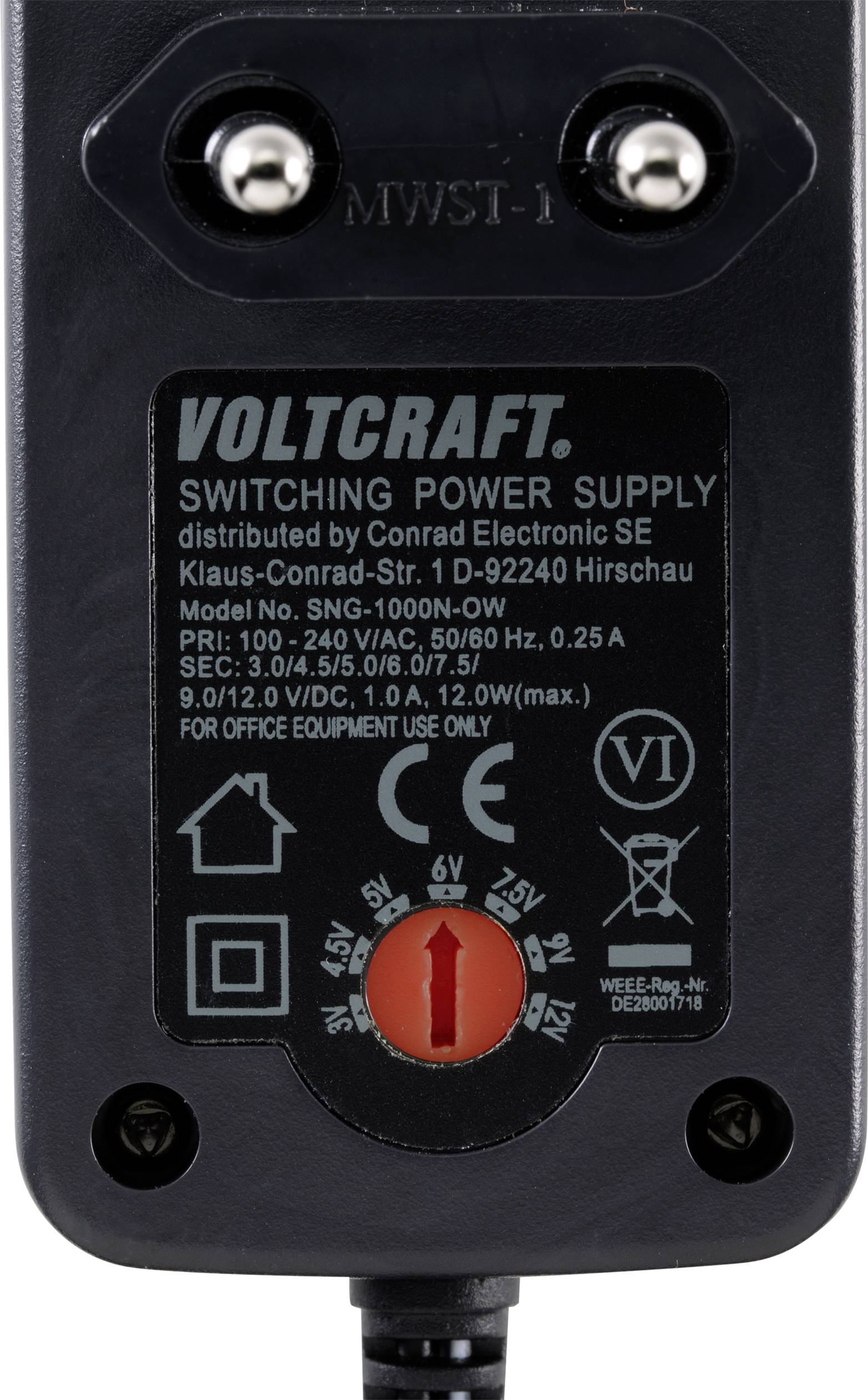 'Voltcraft Switching Power Supply' Steckernetzteil, Modell SNG-1000N-0W mit variabler Spannungseinstellung. Nur für Bürogeräte.