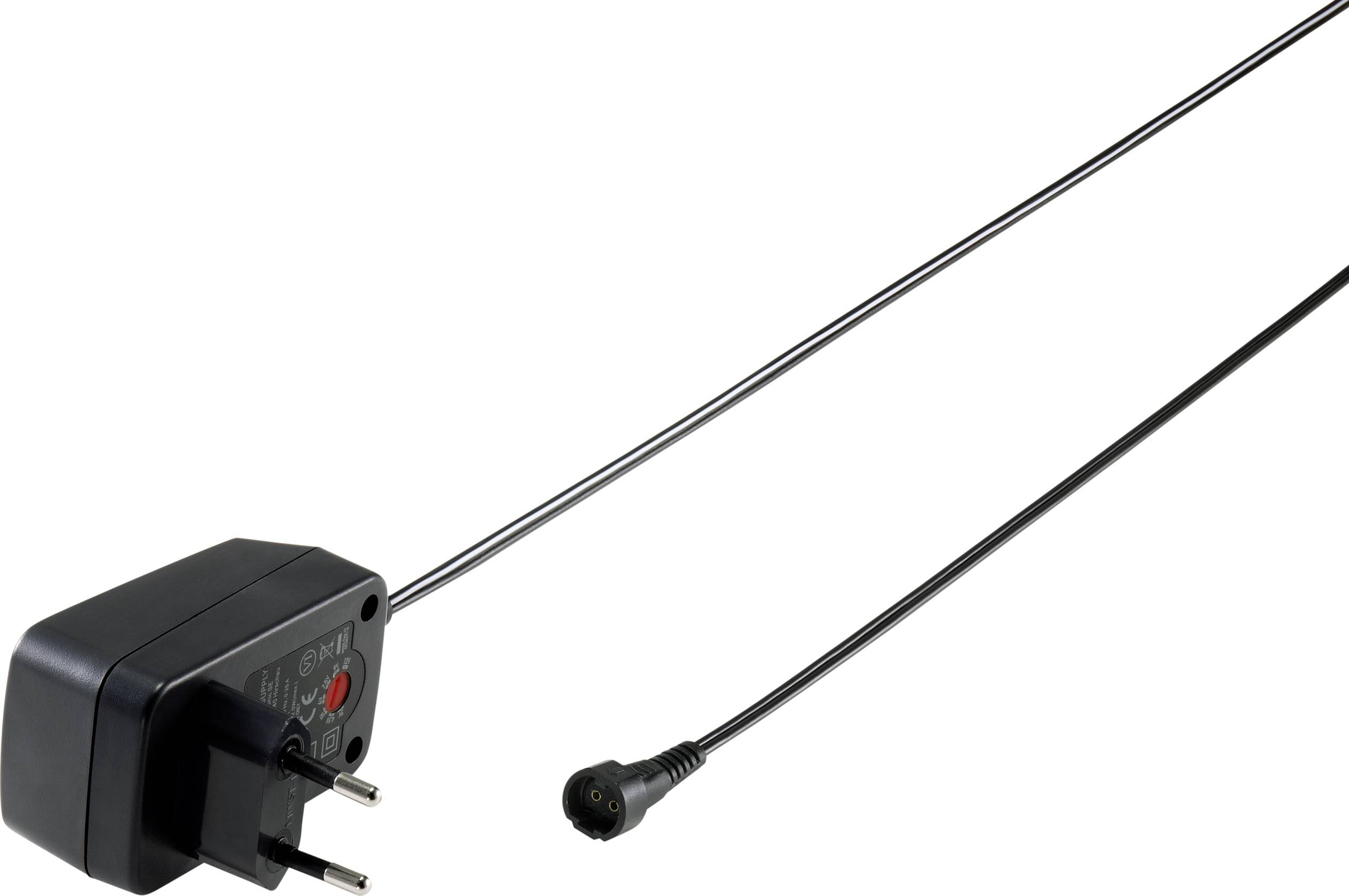 Schwarzer Netzadapter mit Steckerkontakten und langem Kabel. Kabel endet in einem speziellen Anschluss. Geeignet für Elektronikgeräte.