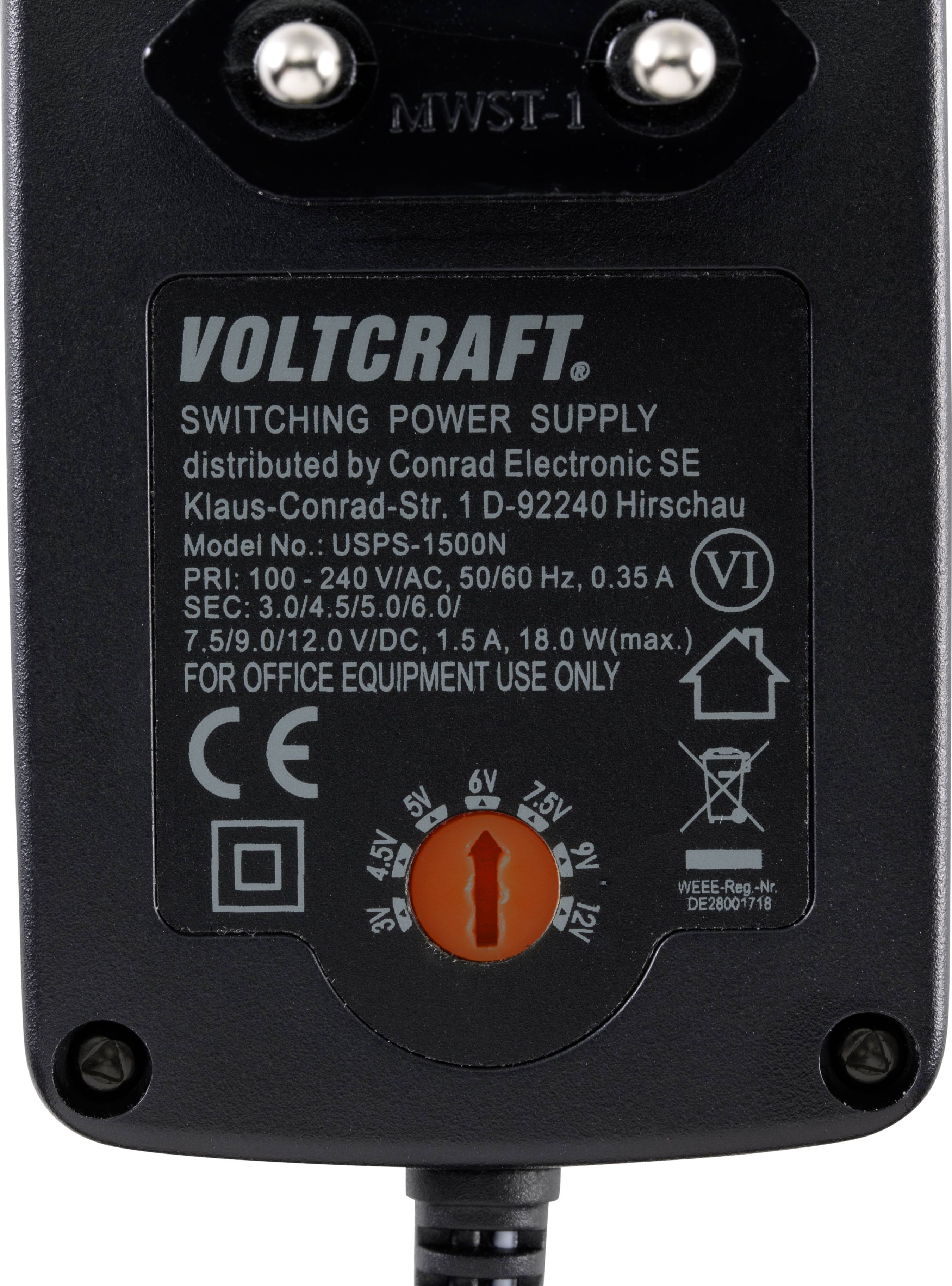 'Voltcraft' Schaltnetzteil mit Modellnummer USPS-1500N, Spannungswahlrad, geeignet für Bürogeräte, zeigt 100-240 V, 50/60 Hz.