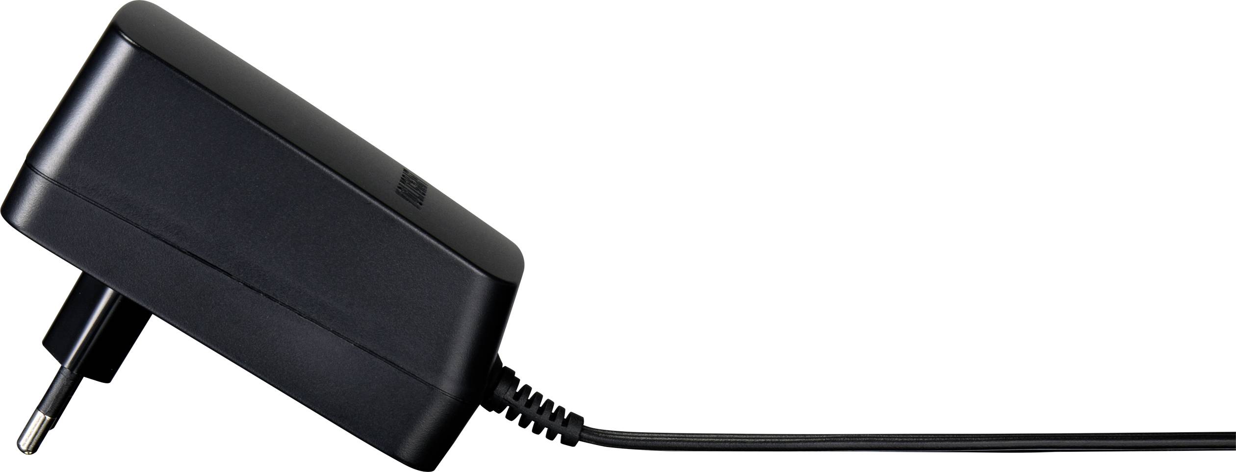 Schwarzes Ladegerät mit EU-Stecker und langem Kabel, im Profilansicht, bildet rechten Winkel.