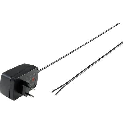 Schwarzes Netzteil mit zwei blanken Enddrähten, geeignet für den Anschluss an elektrische Geräte.