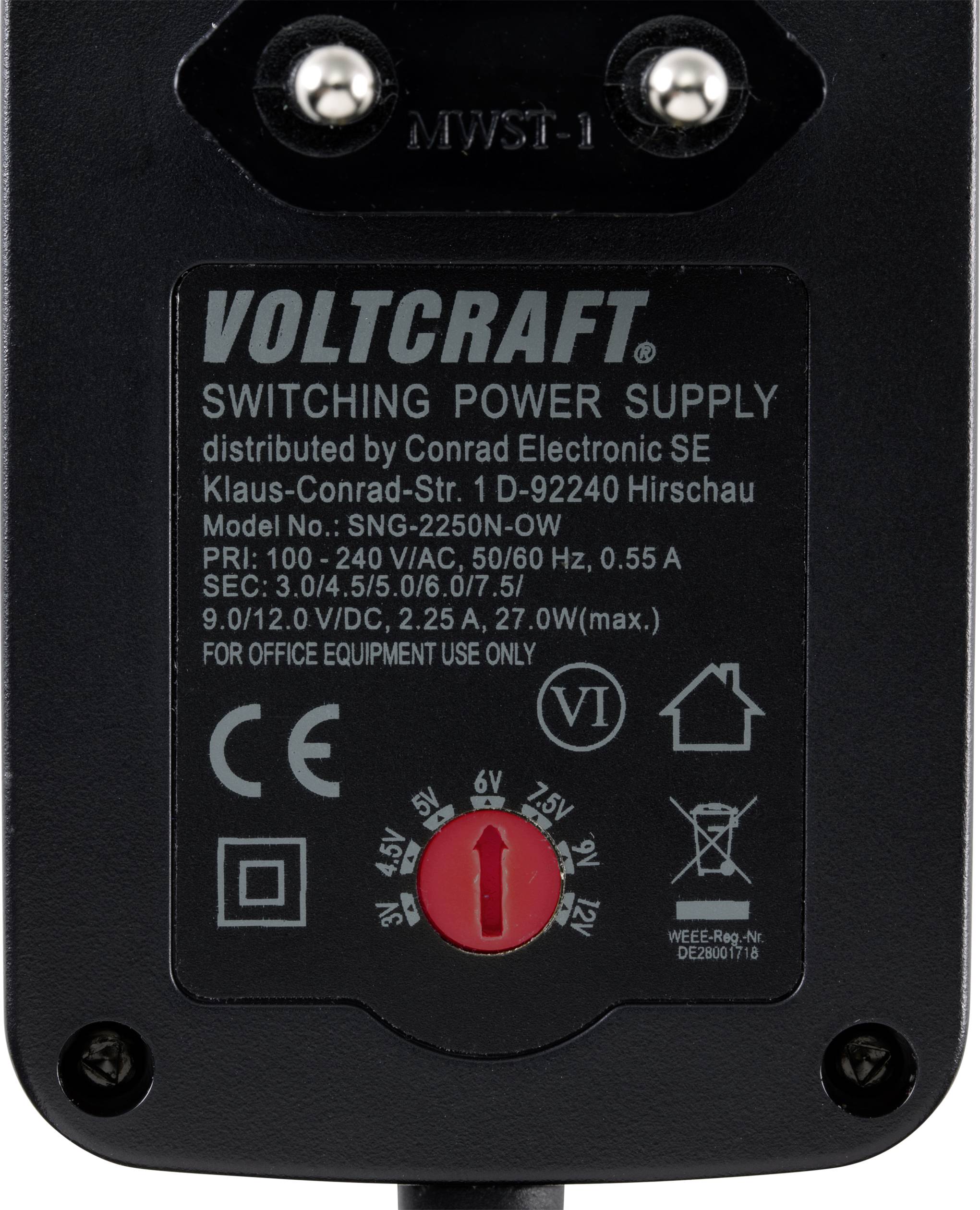 Netzteilbeschriftung: 'VOLTCRAFT Switching Power Supply'. Modell SNG-2250N-OW, 100-240V Eingang, 50/60Hz, Ausgang 9/12V, 2/2,25A max.