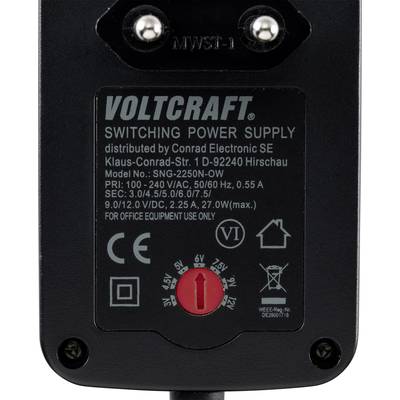 Netzteilbeschriftung: 'VOLTCRAFT Switching Power Supply'. Modell SNG-2250N-OW, 100-240V Eingang, 50/60Hz, Ausgang 9/12V, 2/2,25A max.