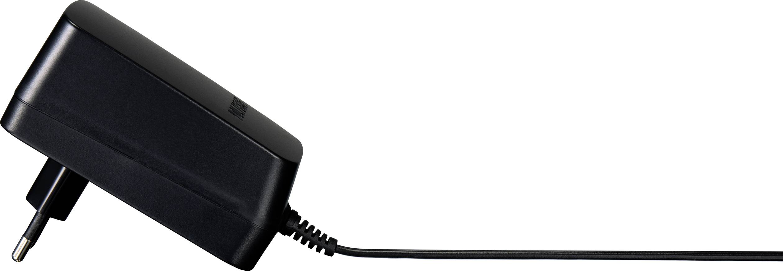 Seitliche Ansicht eines einfachen, schwarzen Netzteils mit Euro-Stecker und Netzkabel.