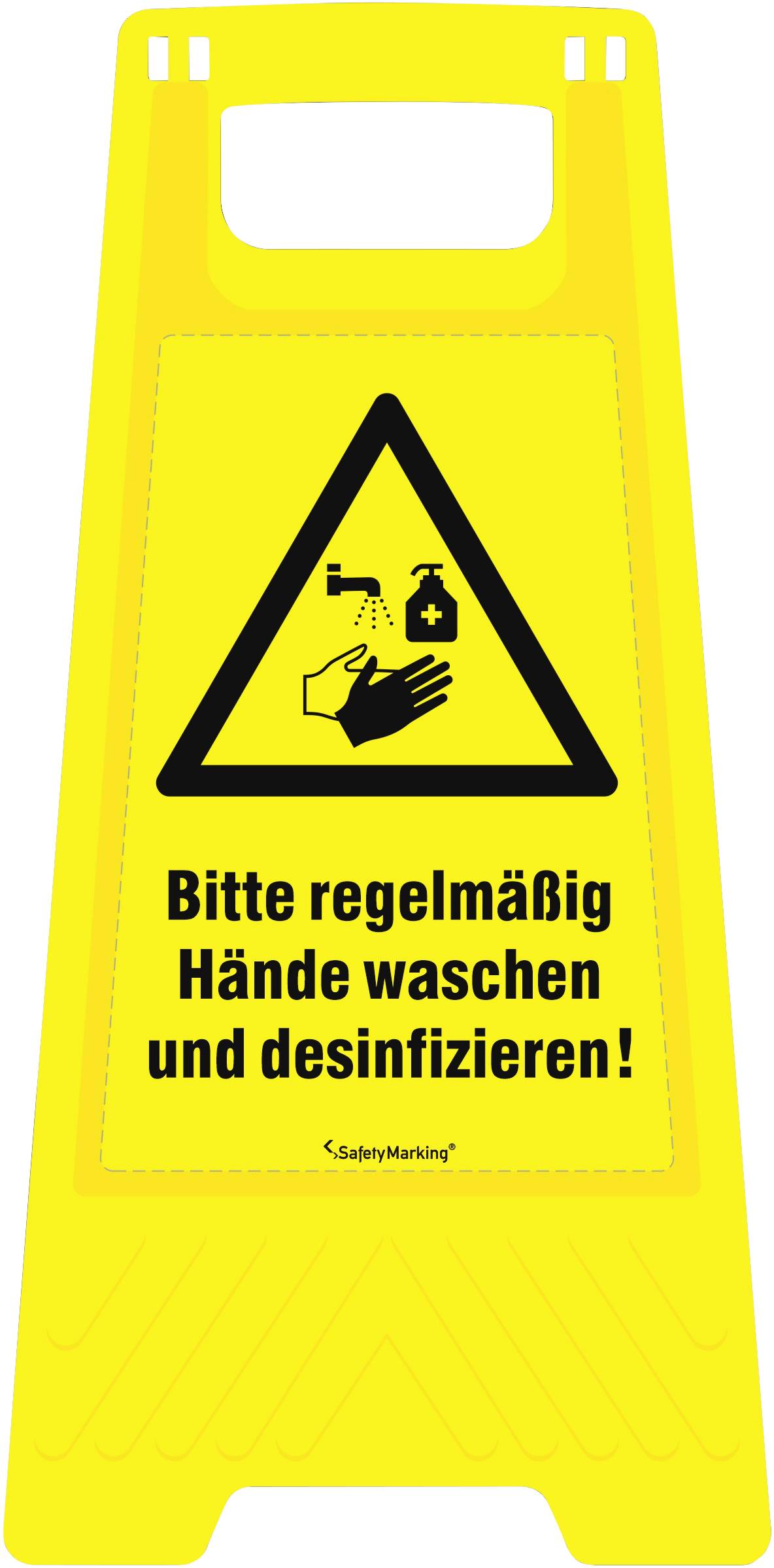 Gelbes Warnschild mit Symbolen für Händewaschen und Desinfizieren. Text: 'Bitte regelmäßig Hände waschen und desinfizieren!'