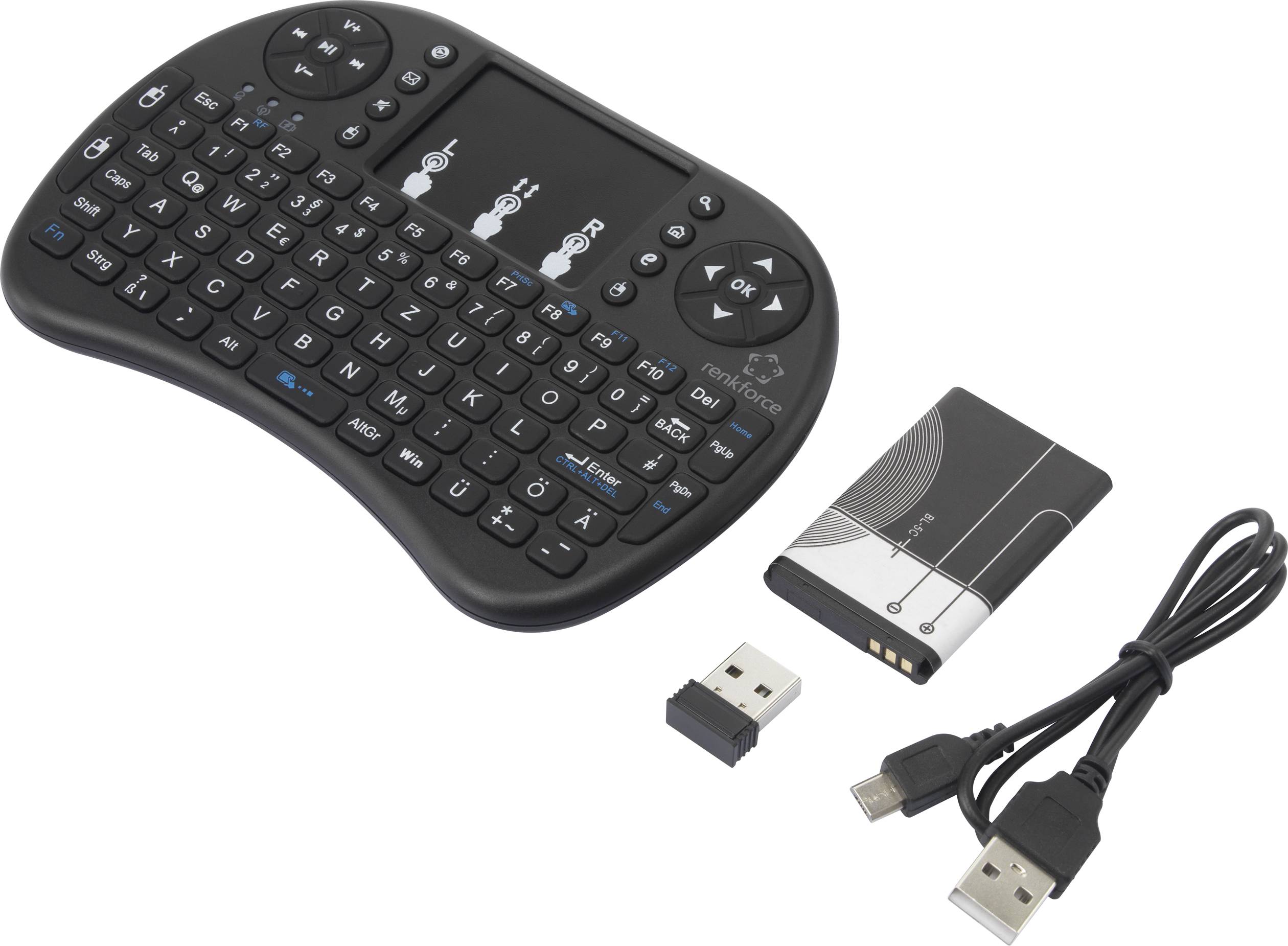 Kompakte kabellose Mini-Tastatur mit integriertem Touchpad, USB-Dongle und abgebildetem Ladekabel. Ideal für Smart-TVs und PC.