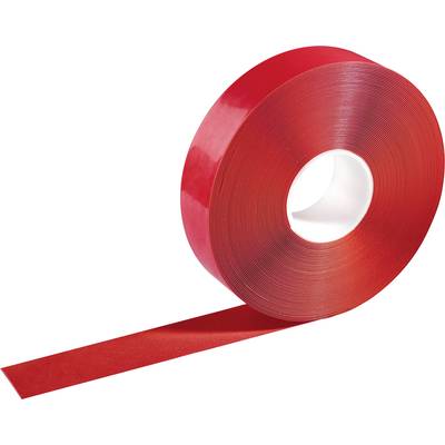 Eine Rolle rotes Klebeband, teilweise abgerollt, vor weißem Hintergrund.