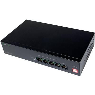 'Ein schwarzer Netzwerk-Switch mit sechs Ethernet-Ports, LEDs für Strom und Netzwerkaktivität. Markenname auf Vorderseite.'