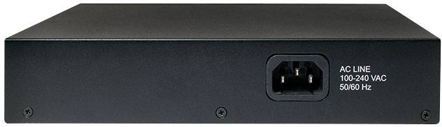 Ein schwarzes elektronisches Gerät mit einer Stromanschlussbuchse, auf der 'AC LINE 100-240 VAC 50/60 Hz' steht.