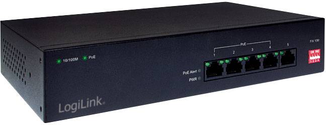 'LogiLink' schwarzer Netzwerk-Switch mit fünf Ethernet-Ports, grüne LED-Anzeigen und PoE-Unterstützung.