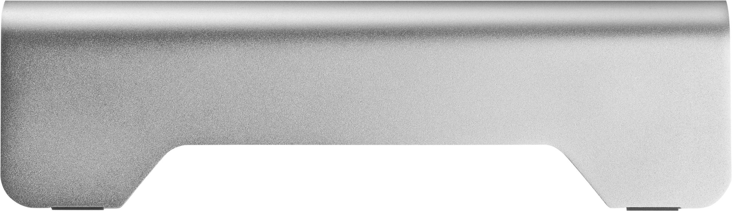 Ein silberner, flacher Aluminiumständer, der als Monitorhalterung dient, mit einer vertieften unteren Kante zur Kabelführung.