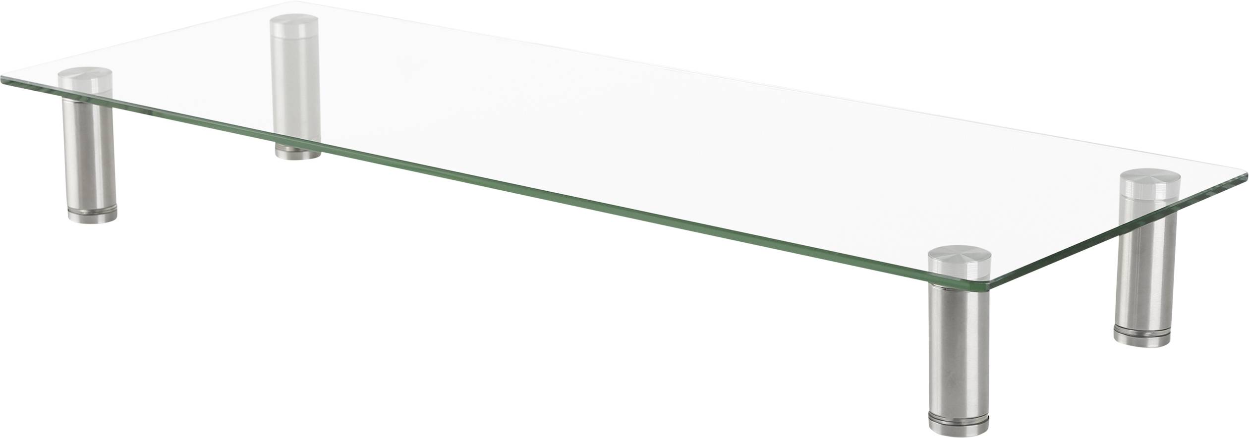 Ein rechteckiges Glasregal mit vier silbernen Metallbeinen. Ideal als Monitorständer oder Organizer für Schreibtischzubehör.