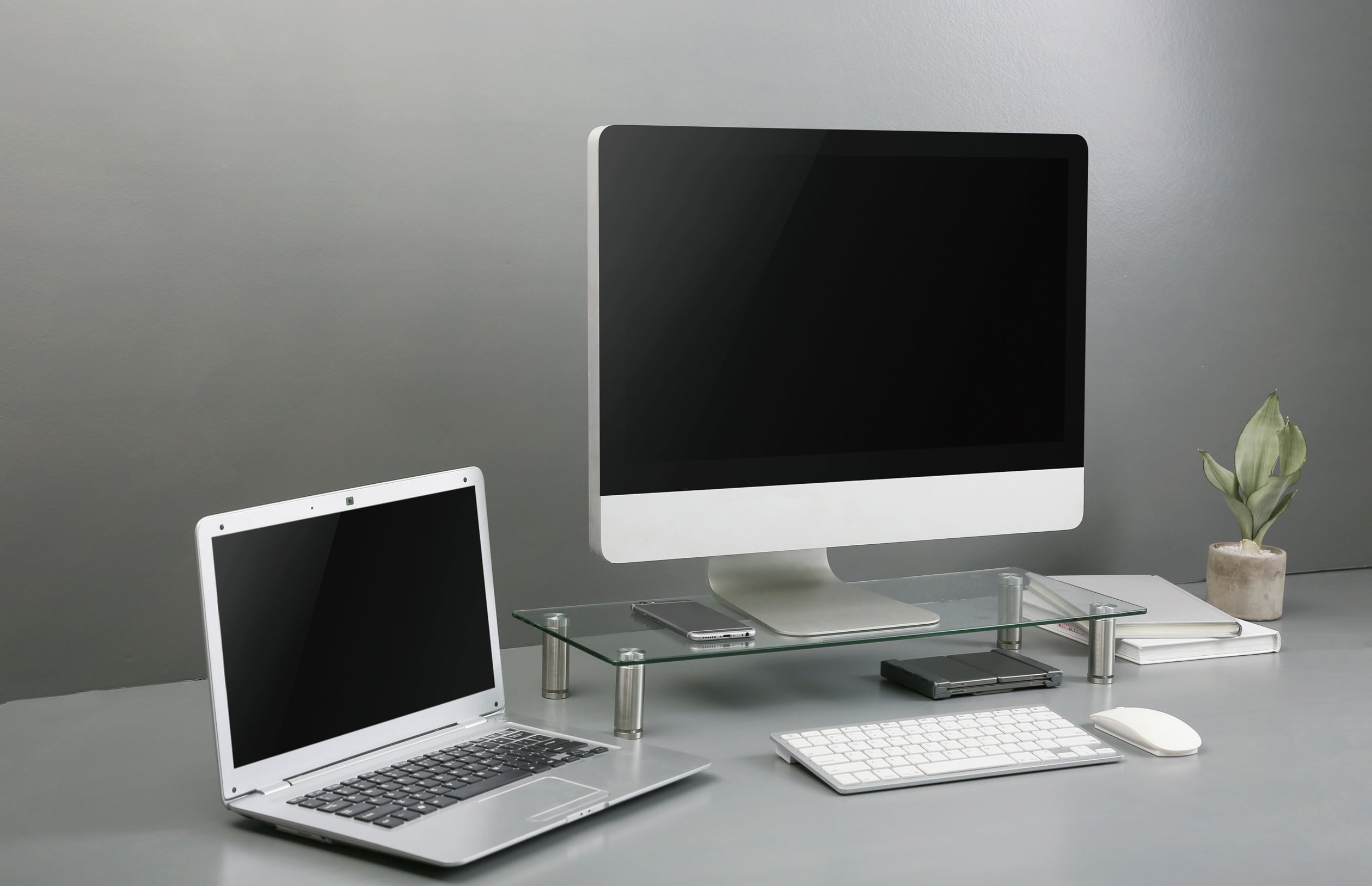 Ein moderner Schreibtisch mit einem Desktop-Computer, einem Laptop, einer Tastatur und einer Maus. Eine kleine Pflanze steht daneben.