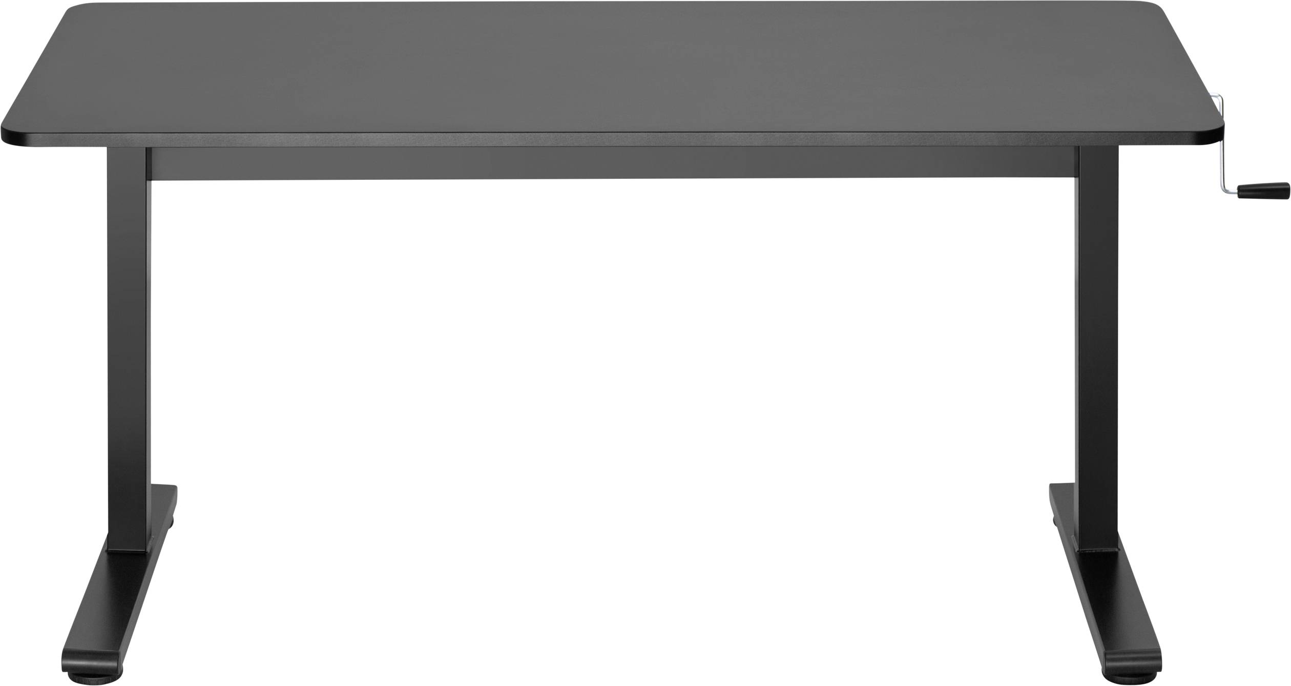 Schwarzer Schreibtisch mit manueller Höhenverstellung durch eine Kurbel auf der rechten Seite.