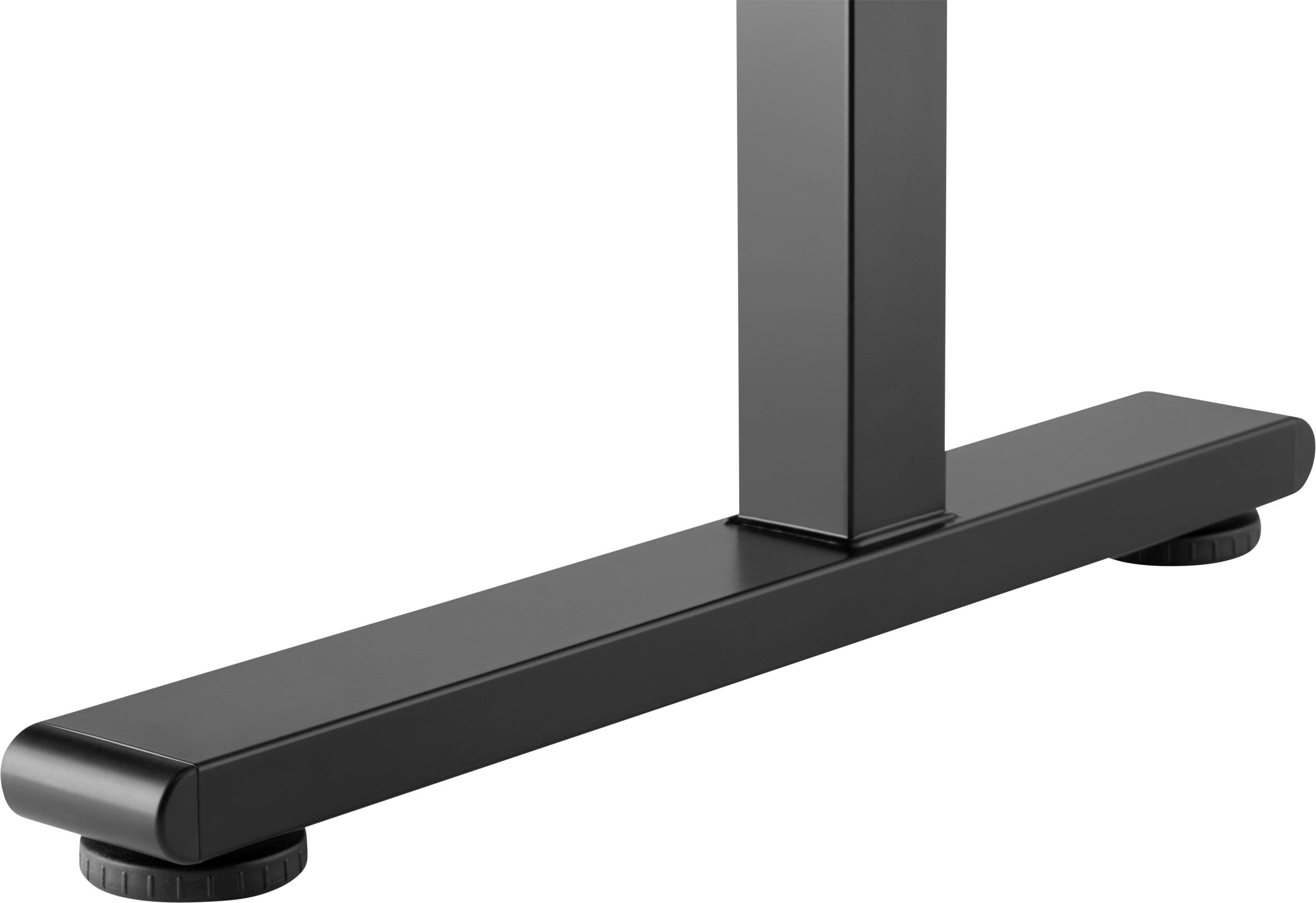 Schwarze Metallfußstütze eines Tisches, stabiler Aufbau, quadratisches Bein, zwei breite runde Füße für festen Stand.